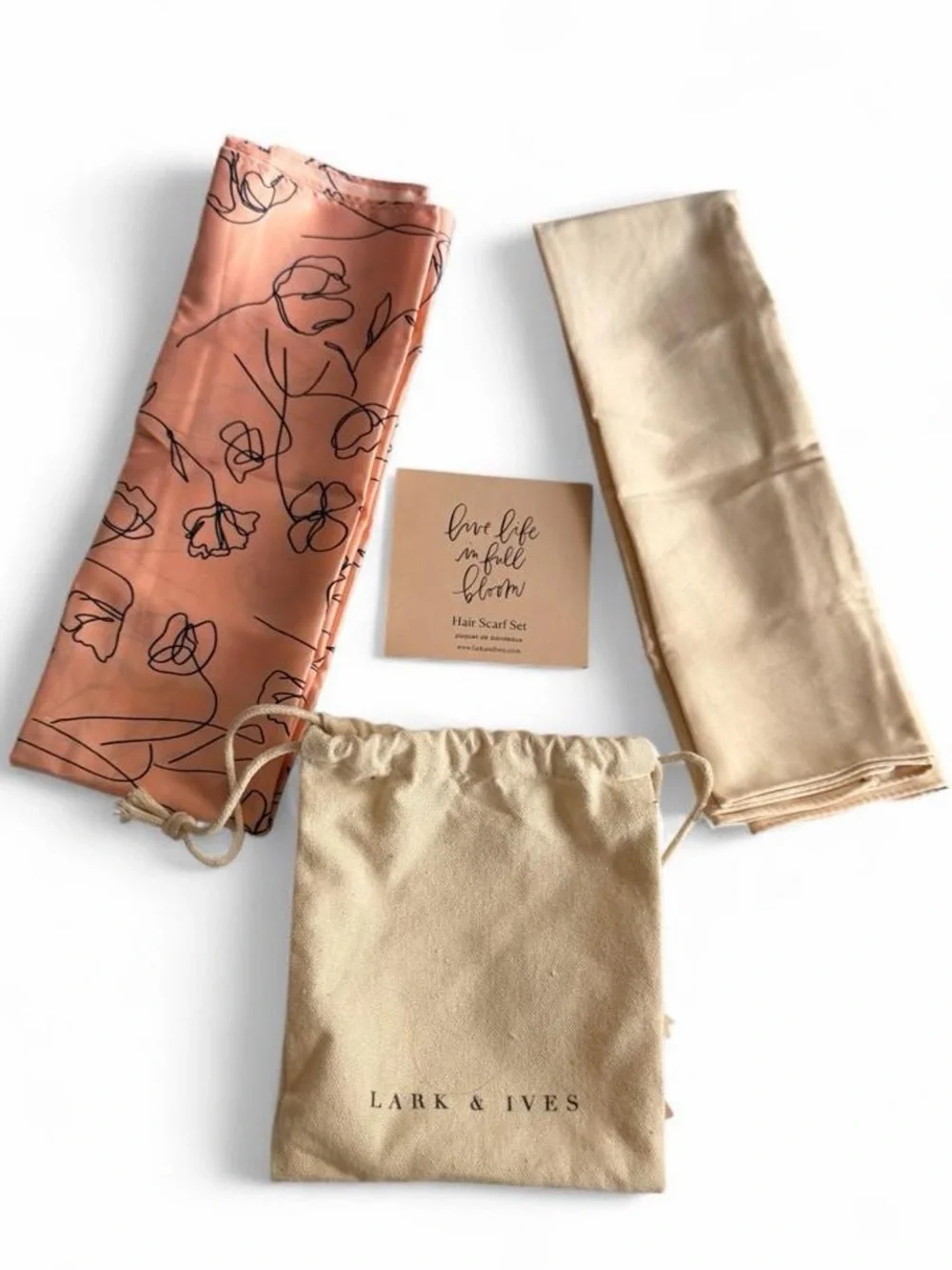 NWT Lark & Ives Pink Floral & Cream Silky Hair Scarf Set of 2 Canvas Pouch